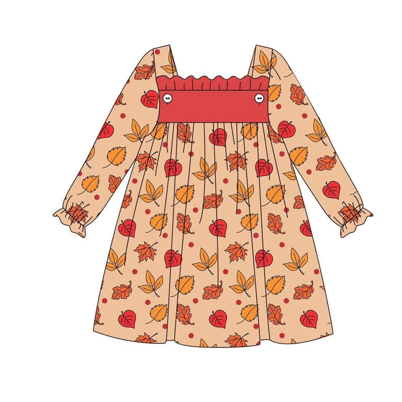 GLD0670 Baby Girls  Fall Leaves Lolng Sleeve Dress Preorder