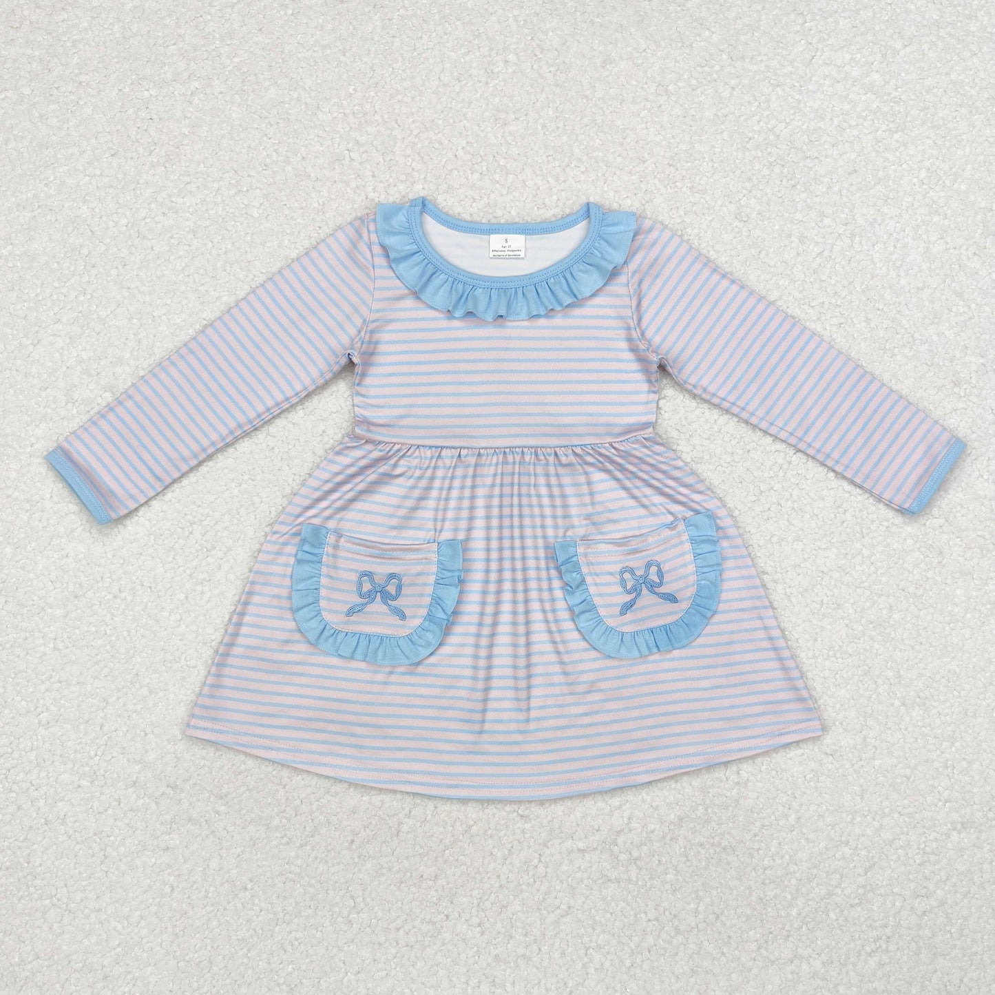 Sibling Baby Girls Fall Embroidery Bow Striped Dress and Romper