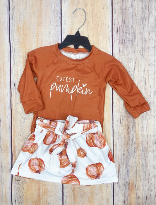 Cutest Pumpkin Long Sleeve Top With Skirt Outfit For Baby Girls