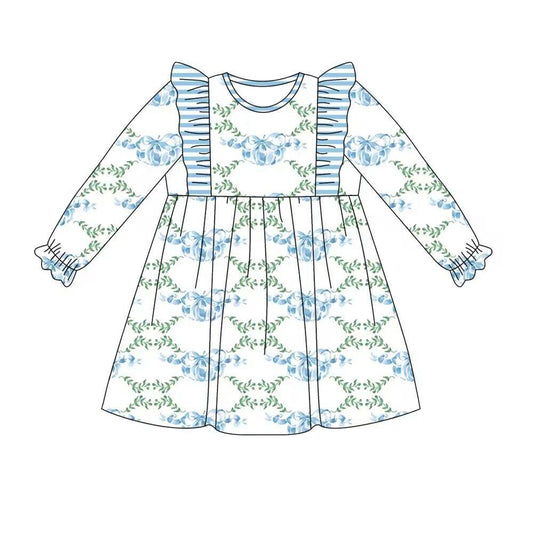 GLD0697 Baby Girls Blue Pumpkin Bow Long Sleeve Dress Preorder