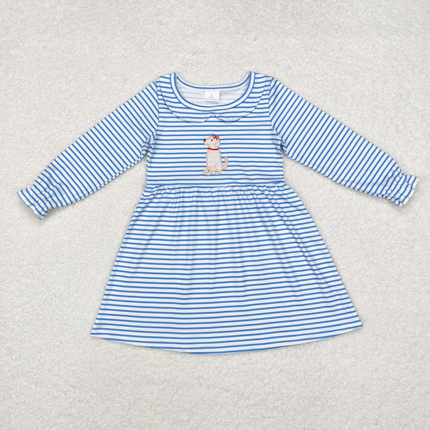 Baby Girls Boys Sibling  Embroidery  Dog Blue Striped Matching Clothing