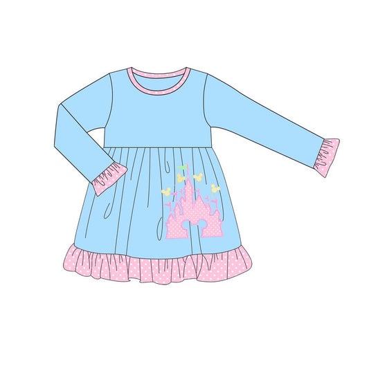 GLD0743 Toddler Girls Pink Classical Mouse Castle Blue Dress Preorder
