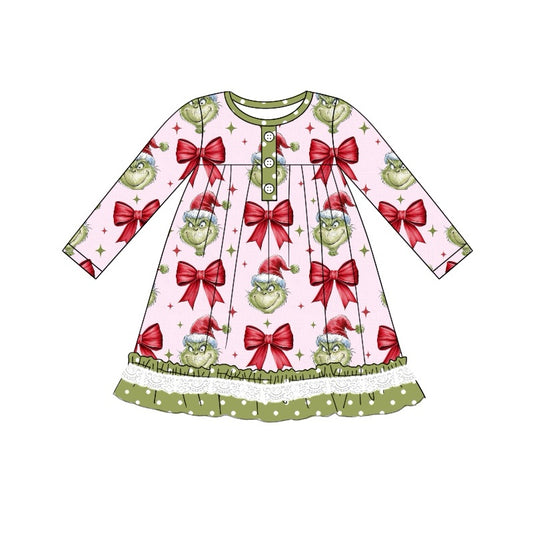 Baby Girls Christmas Cartoon Green Face Bow Long Sleeve Dress Pre-order