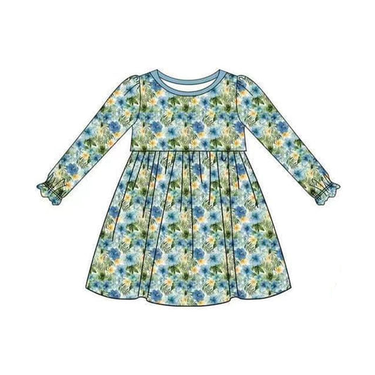 GLD0760 Baby Girls Blue Floral Long Sleeve Dress Pre-order