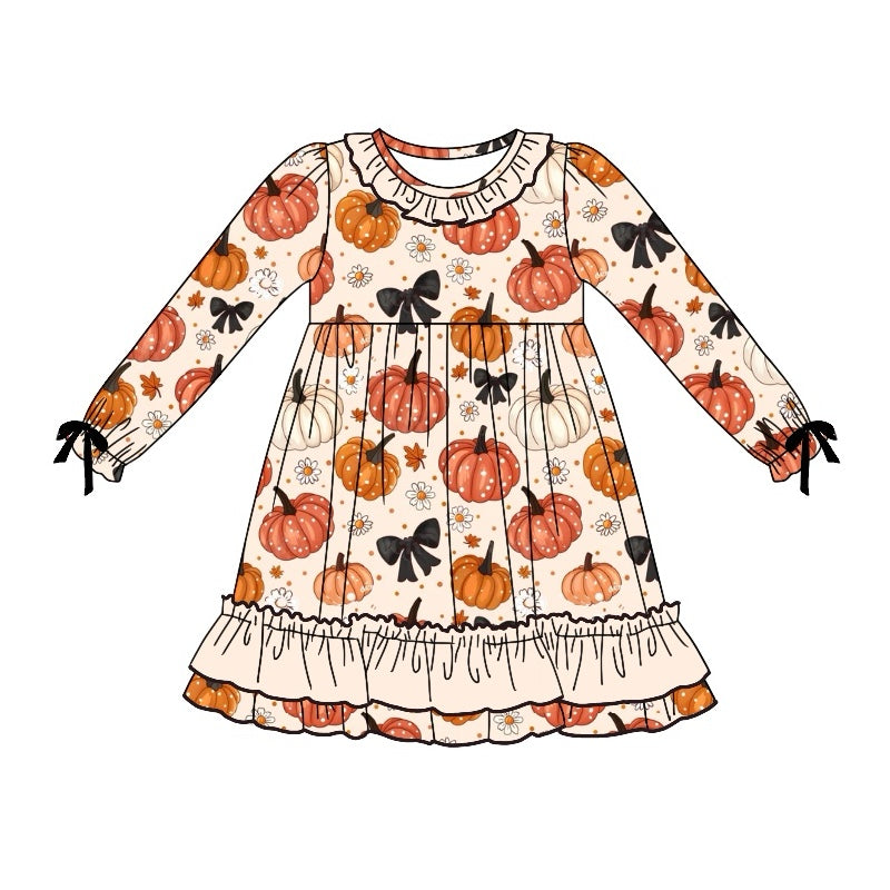 Baby Girls Pretty Fall Pumpkin Bow Long Sleeve Dress Pre-roder 3 MOQ