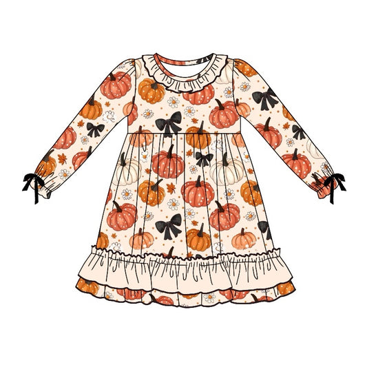 Baby Girls Pretty Fall Pumpkin Bow Long Sleeve Dress Pre-roder 3 MOQ