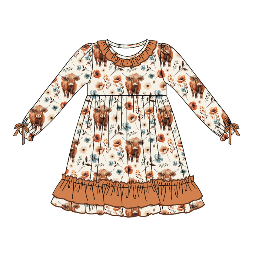 GLD0784 Baby Girls Highland Cow Long Sleeve Dress Pre-order