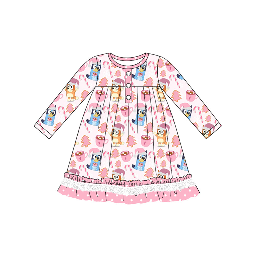 GLD0787 Baby Girls Christmas Cartoon Dog Long Sleeve Dress Pre-order