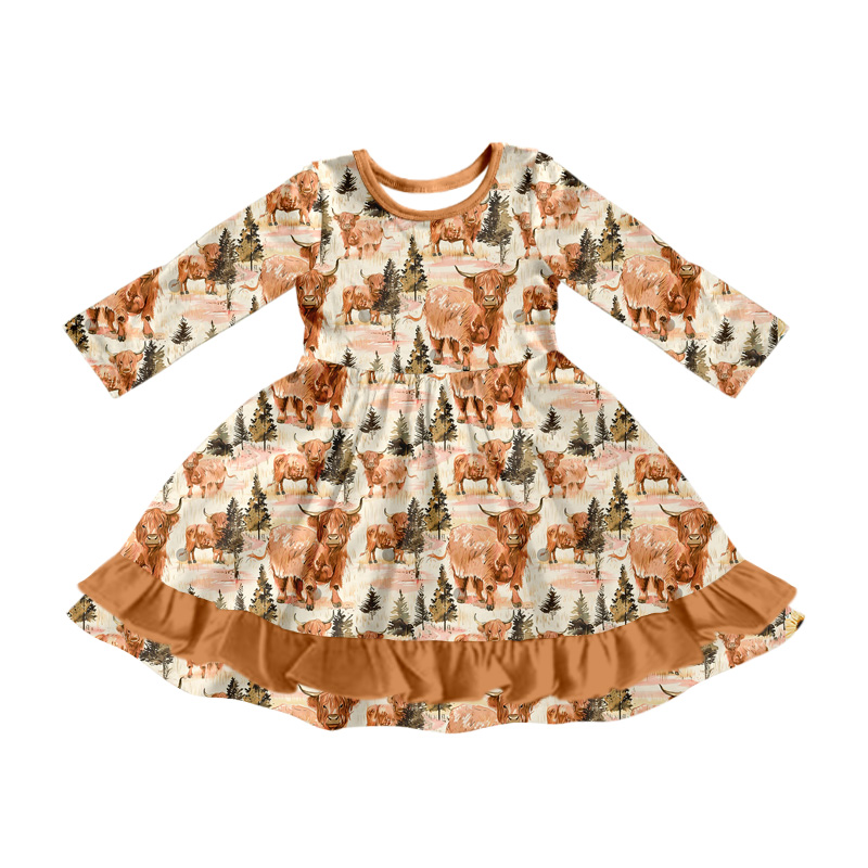 GLD0798 Baby Girls Highland Cow Long Sleeve Dress Pre-order