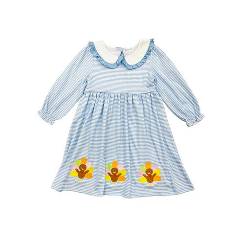 GLD0810 Baby Girls  Blue Striped Turkey Long Sleeve Dress Pre-roder