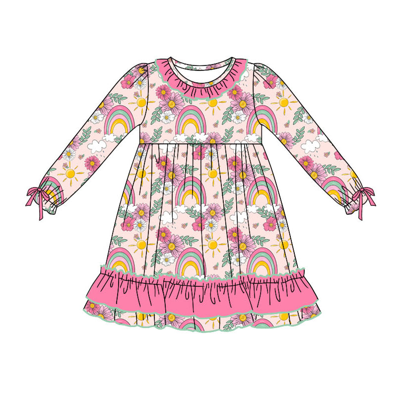 GLD0825 Baby Girls Pretty Flower Rainbow Long Sleeve Dress Pre-order