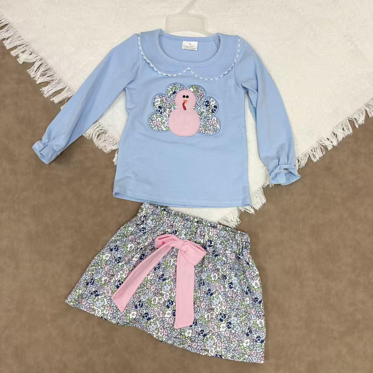 Baby Girls Applique Long Sleeve Blue Top With Skirt Set