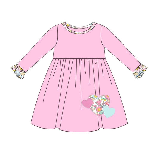 Toddler Baby Girls Floral Heart Long Sleeve Pink Dress Pre-roder