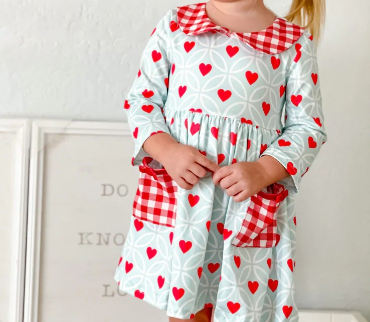 Toddler Baby Girls Red Heart Long Sleeve Dress With Checker Pocket Pre-order