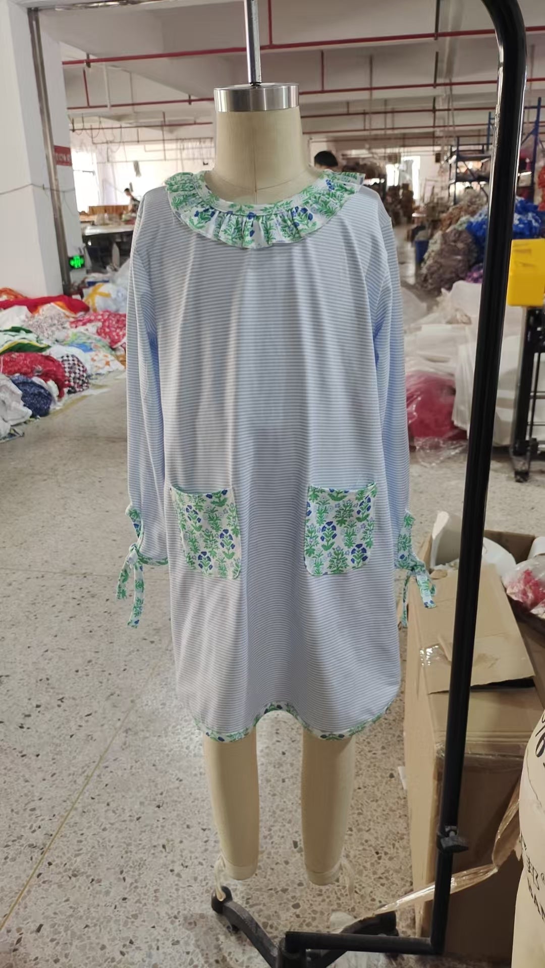 GLD0927 Baby Girls Floral Blue Striped Long Sleeve Dress