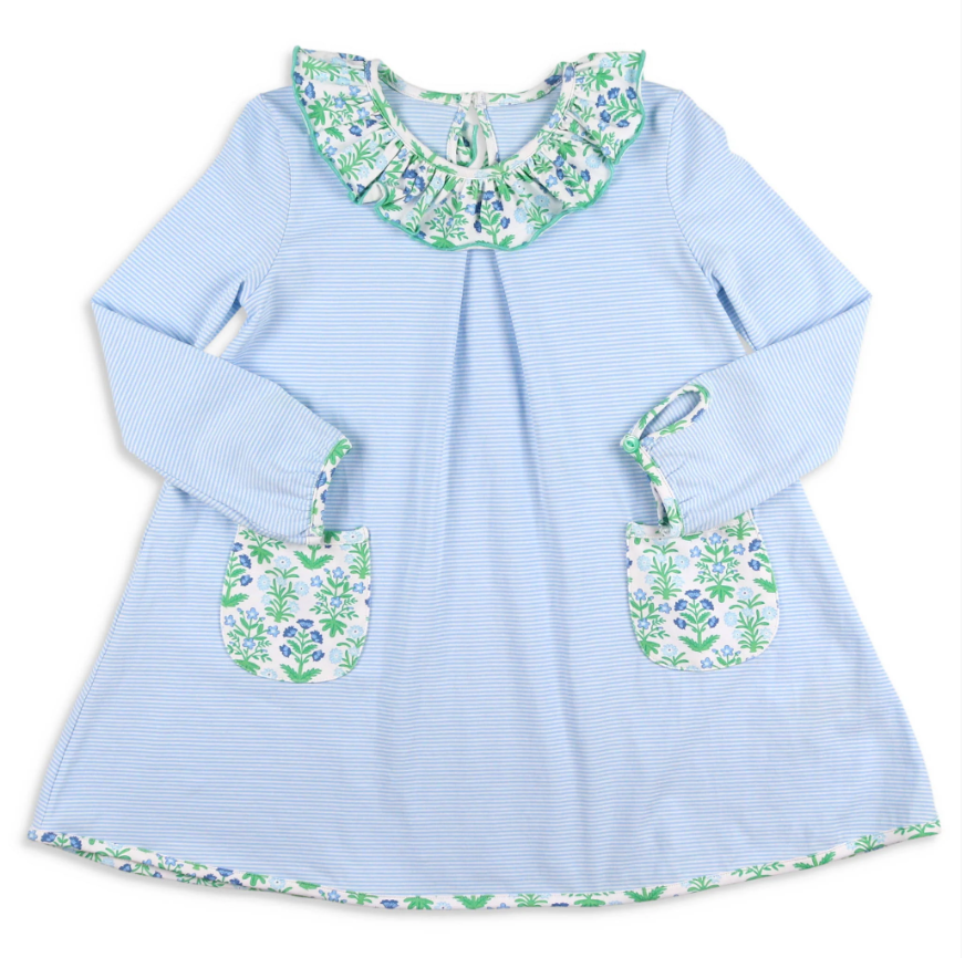 GLD0927 Baby Girls Floral Blue Striped Long Sleeve Dress