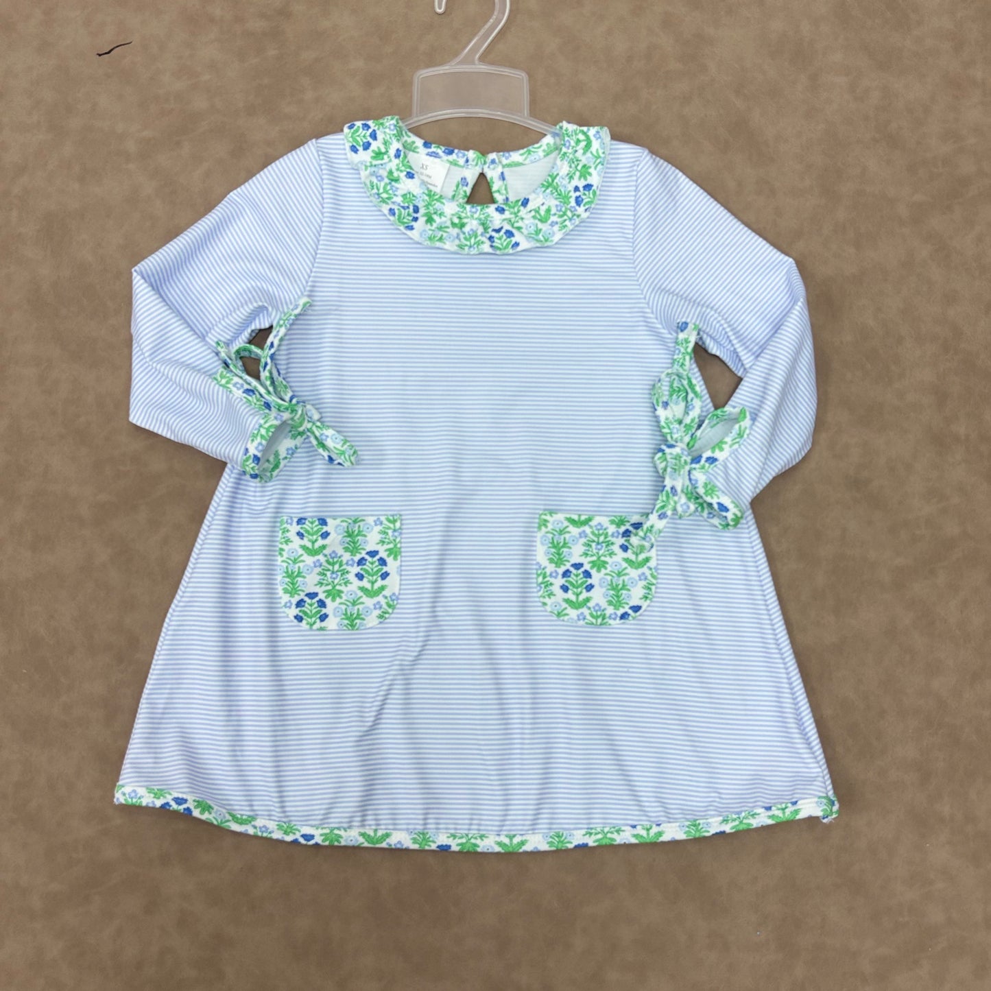 GLD0927 Baby Girls Floral Blue Striped Long Sleeve Dress