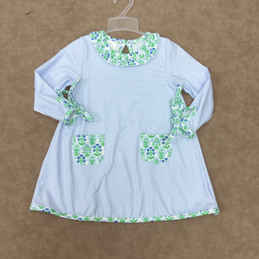 GLD0927 Baby Girls Floral Blue Striped Long Sleeve Dress