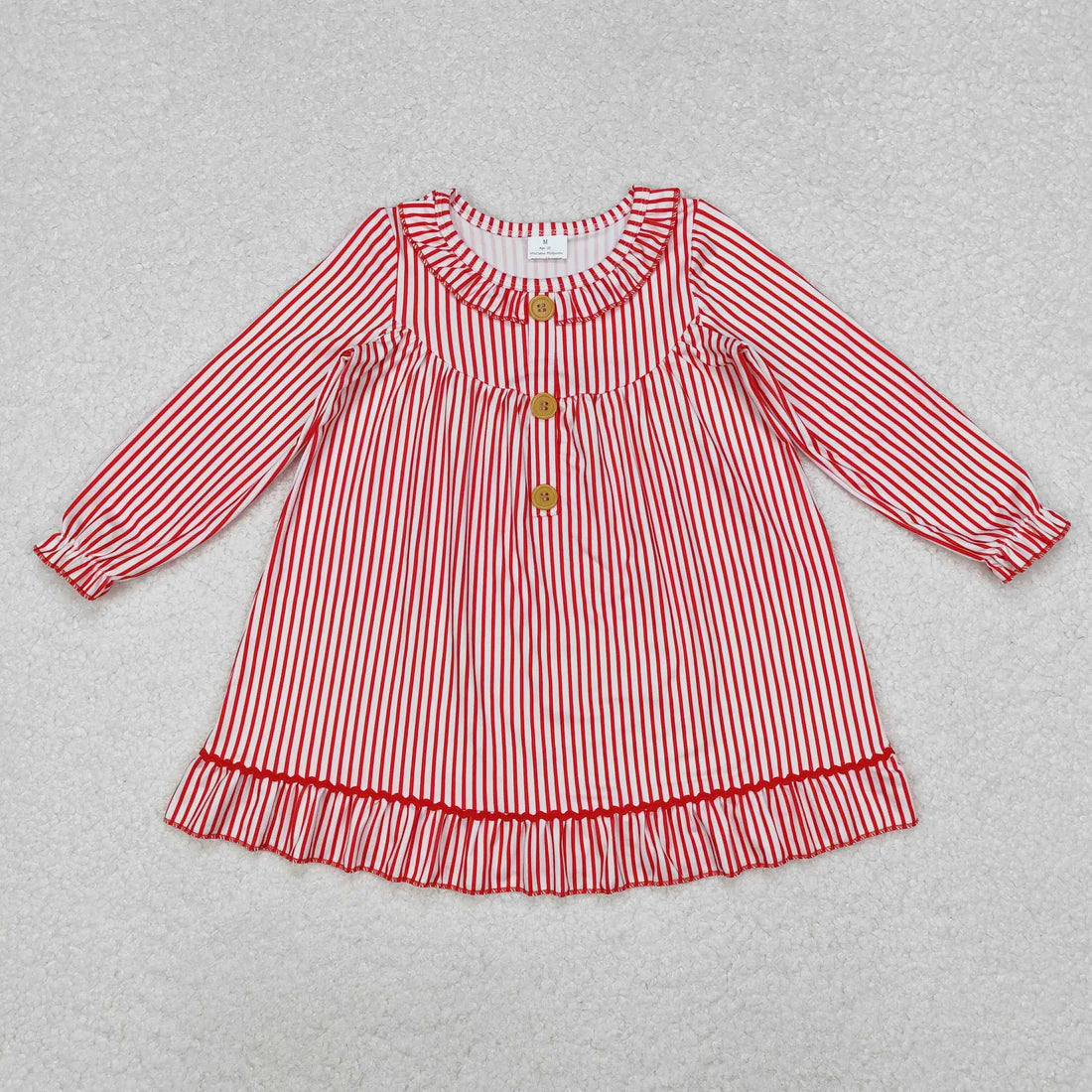 Sibling Baby Girls Candy Cane Stripes Button Christmas Ruffle Knee Length Dresses