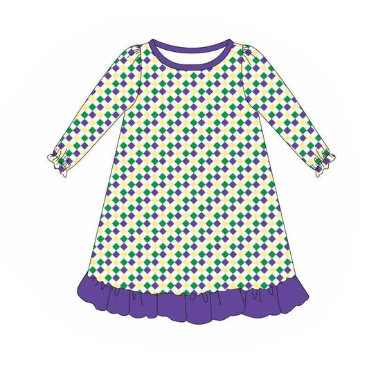 Toddler Girls Mardi Gras Checked Long Sleeve Dress Preorder