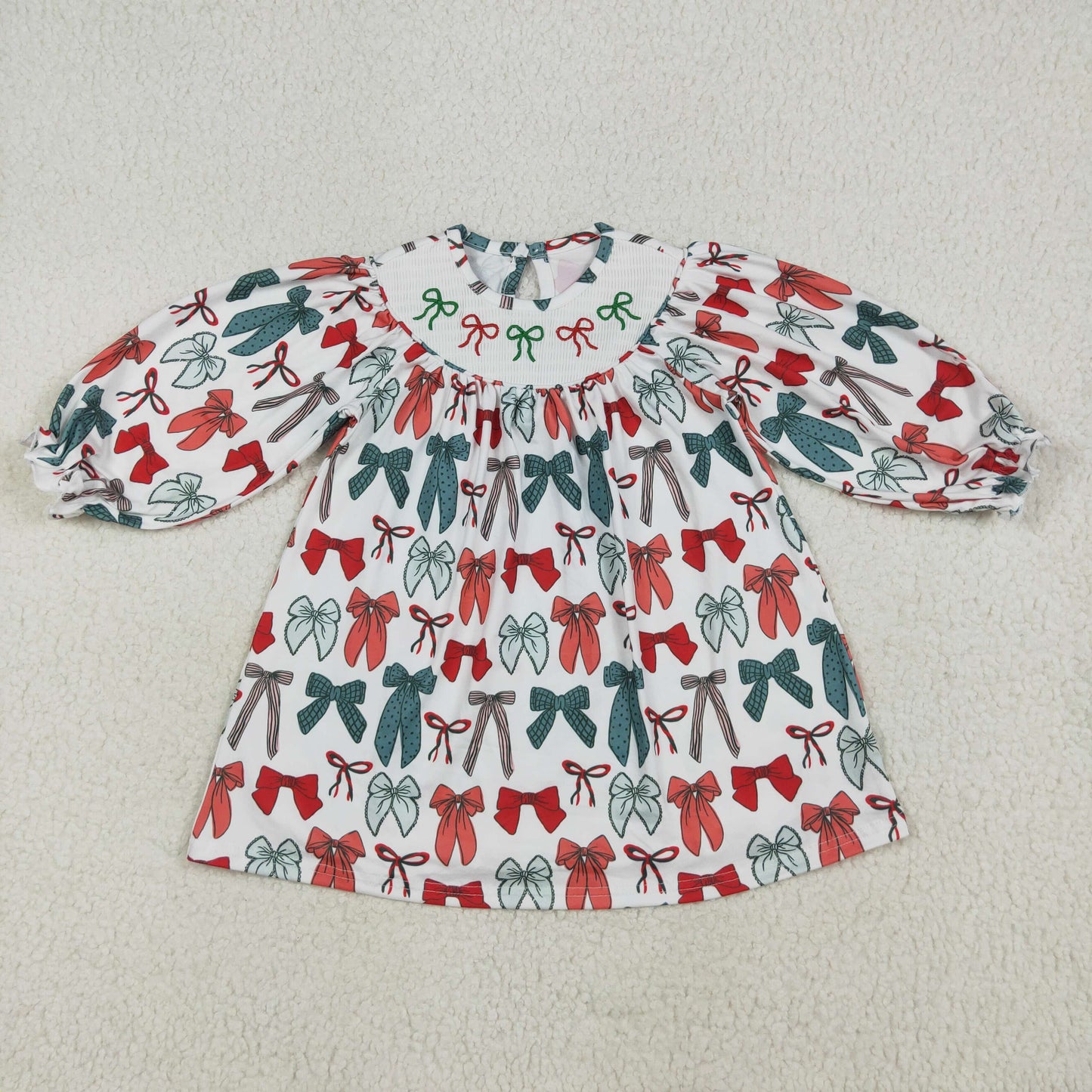 Sibling Kids Girls Christmas Embroidery Bow Smocked Dressd and Romper