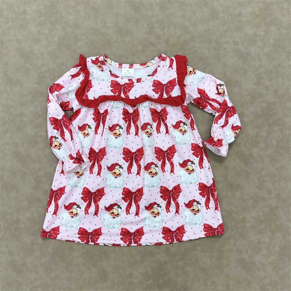 Sibling Girls Christmas Long Sleeve Red Bow Print Santa Clothes