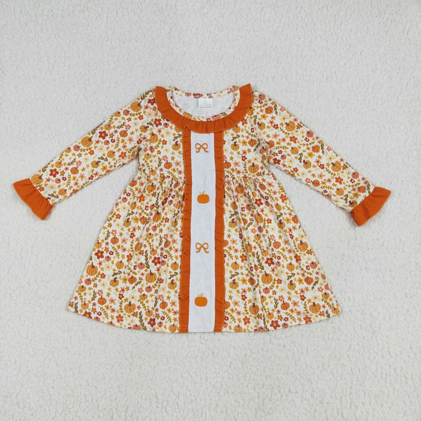 Sibling Embroidery Baby Girls Fall Bows Pumpkins Tunic Pants Set Knee Length Dress Rompers