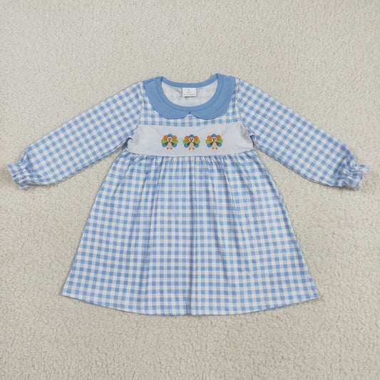 GLD1070 Kids Girls Thanksgiving Turkey Blue Gingham Long Sleeve Dress