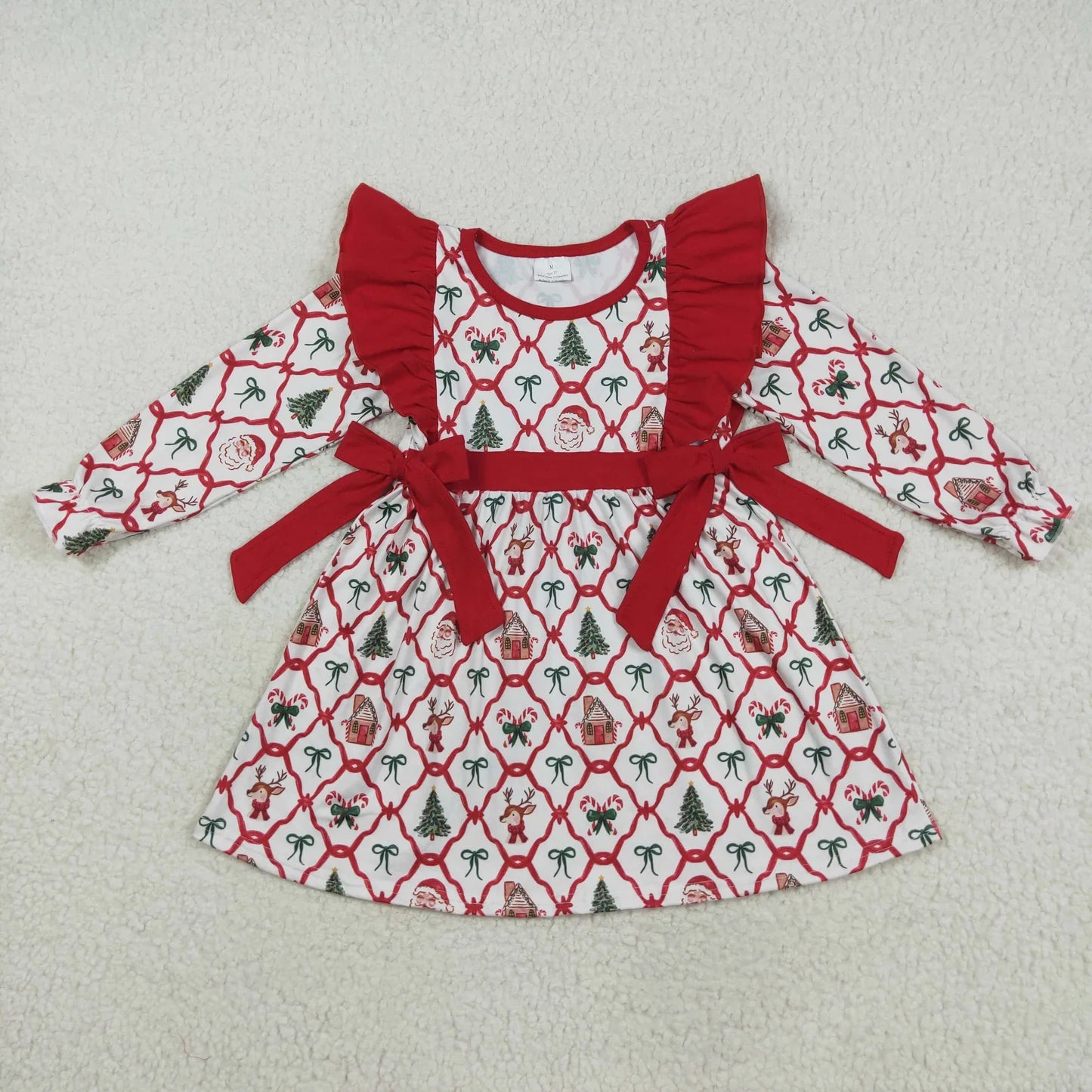 Family Sibling Baby Kids Christmas Red Bows Santa Trees Checked Clothes Sets Rompers Blanked