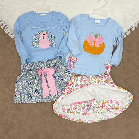 SIbling Girls Fall Turkey/Pumpkin Applique Top With Skirt Set