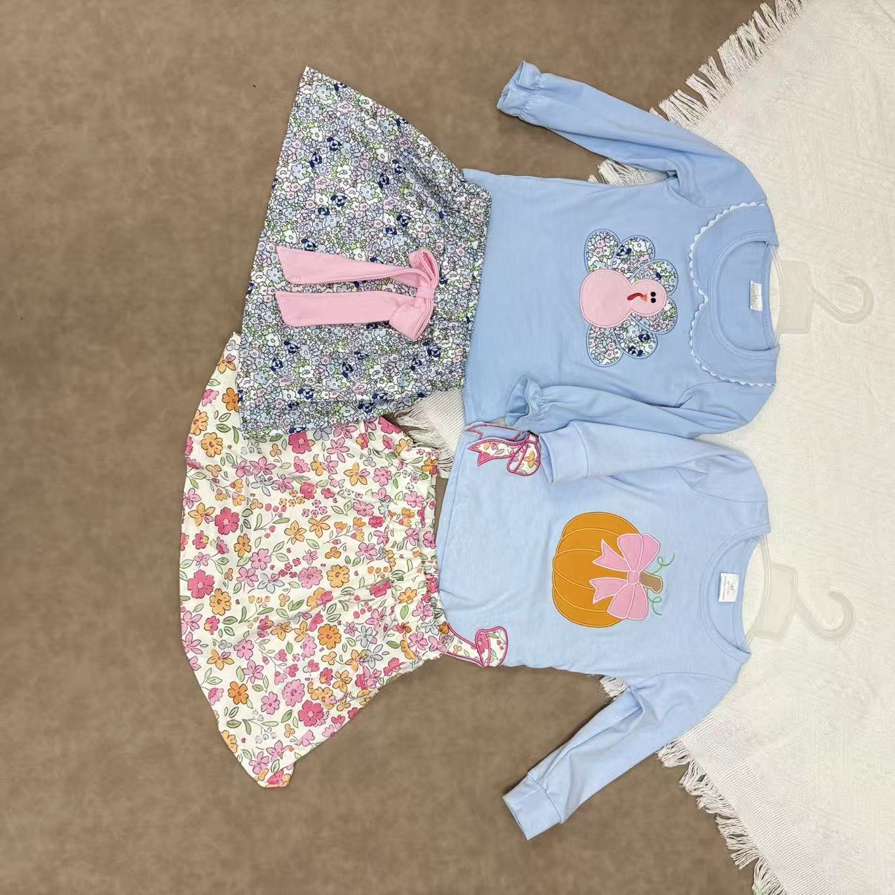 Baby Girls Applique Long Sleeve Blue Top With Skirt Set