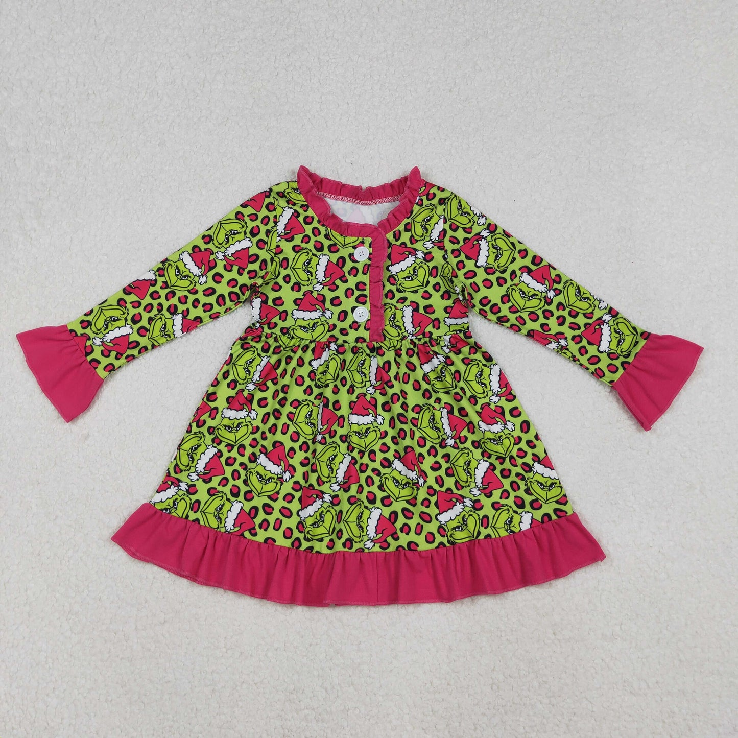 Kids Girl christmas green face long sleeve dress