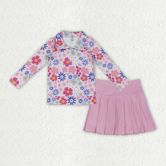 GLD1563 Baby Girls Floral Pullover Top With Pink Skrit Active Set