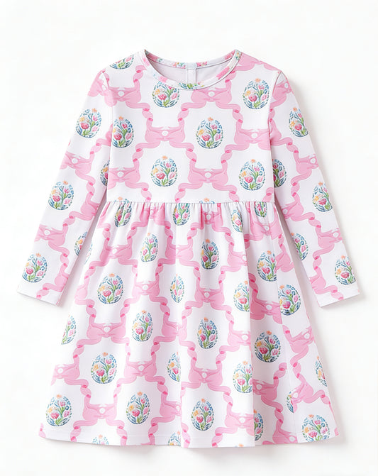 GLD1565 Baby Girls Pink Bow Floral Long Sleeve Dress Preorder