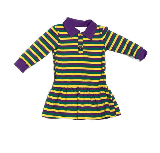 GLD1566 Baby Girls Mardi Gras Srriped Long Sleeve Dress Preorder