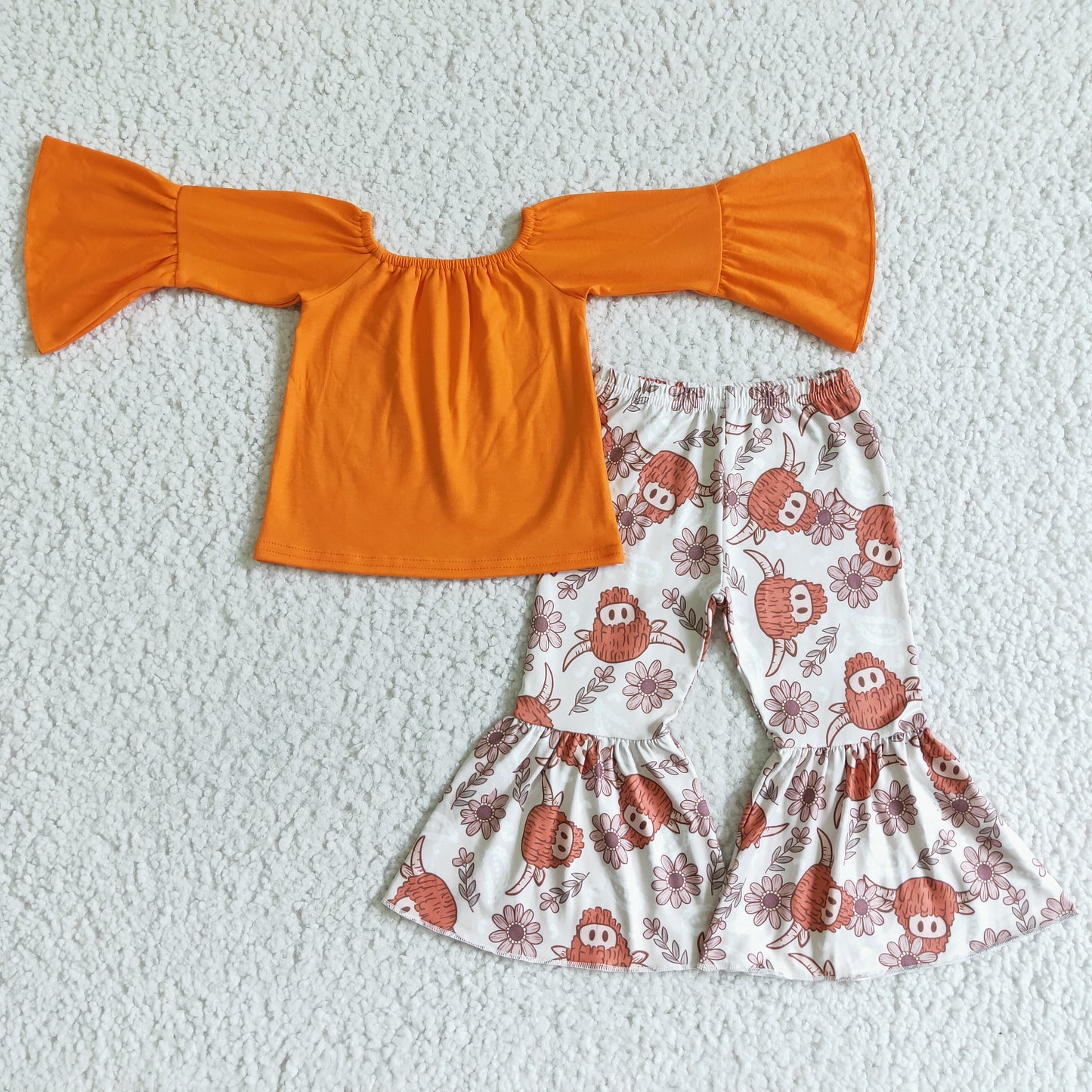 Baby Girls Orange Top Highland Cow Bell Pants Set On Sale