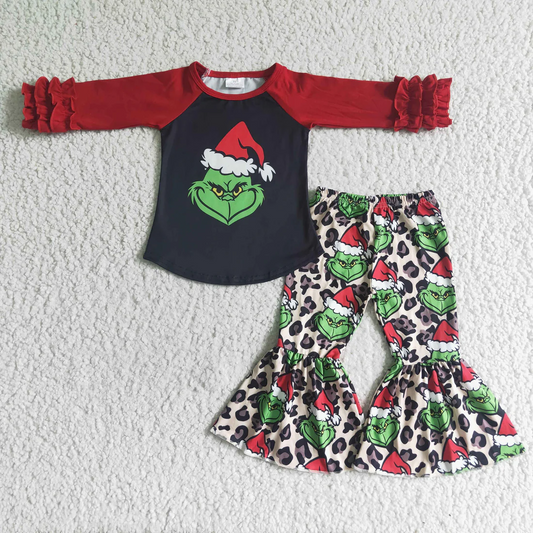 GLP0010 Kids Girls Christmas Green Face Top With Leopard Set