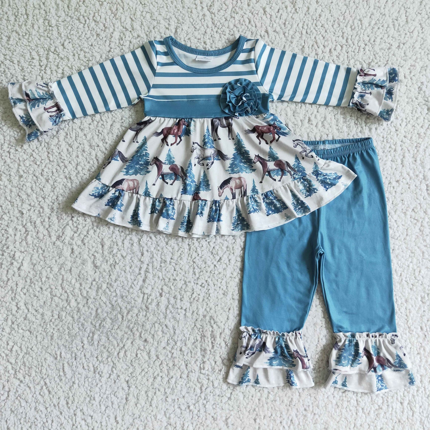Baby girls western horse stripe ruffle pants  set