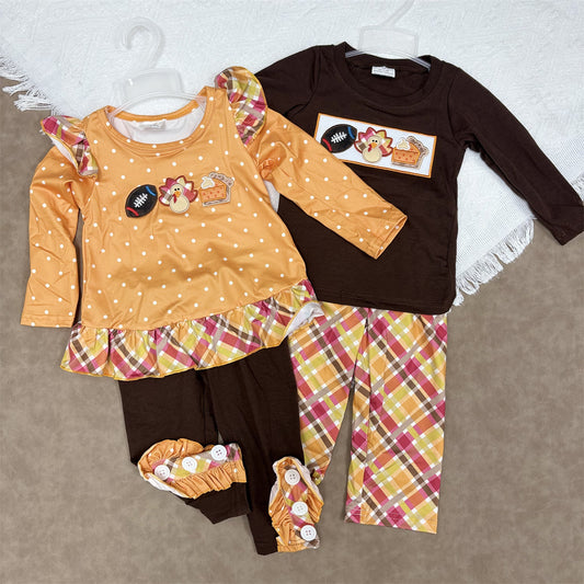 Sibling Thanksgiving Pants Outfit Football Turkey Pie Applique