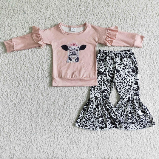 GLP0054 Kids Girls Fall Cute Cow Pink Top Outfit