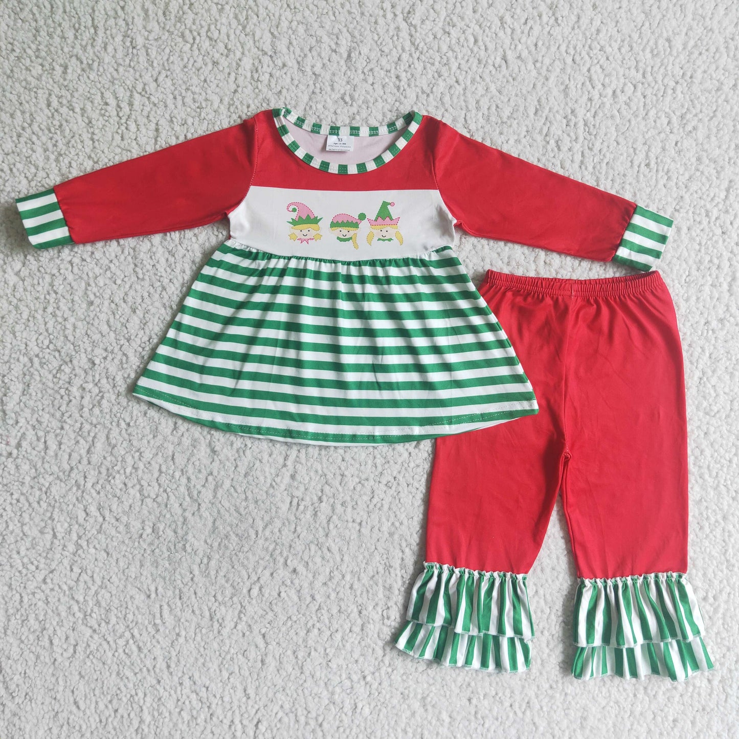 Baby Sibling Christmas Cartoon Green Stripe Pants Outfit