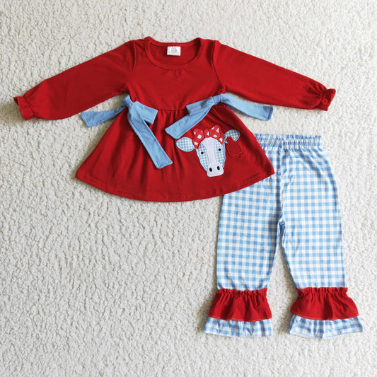 Kids girls cow red tunic top gingham pants outfit on sale