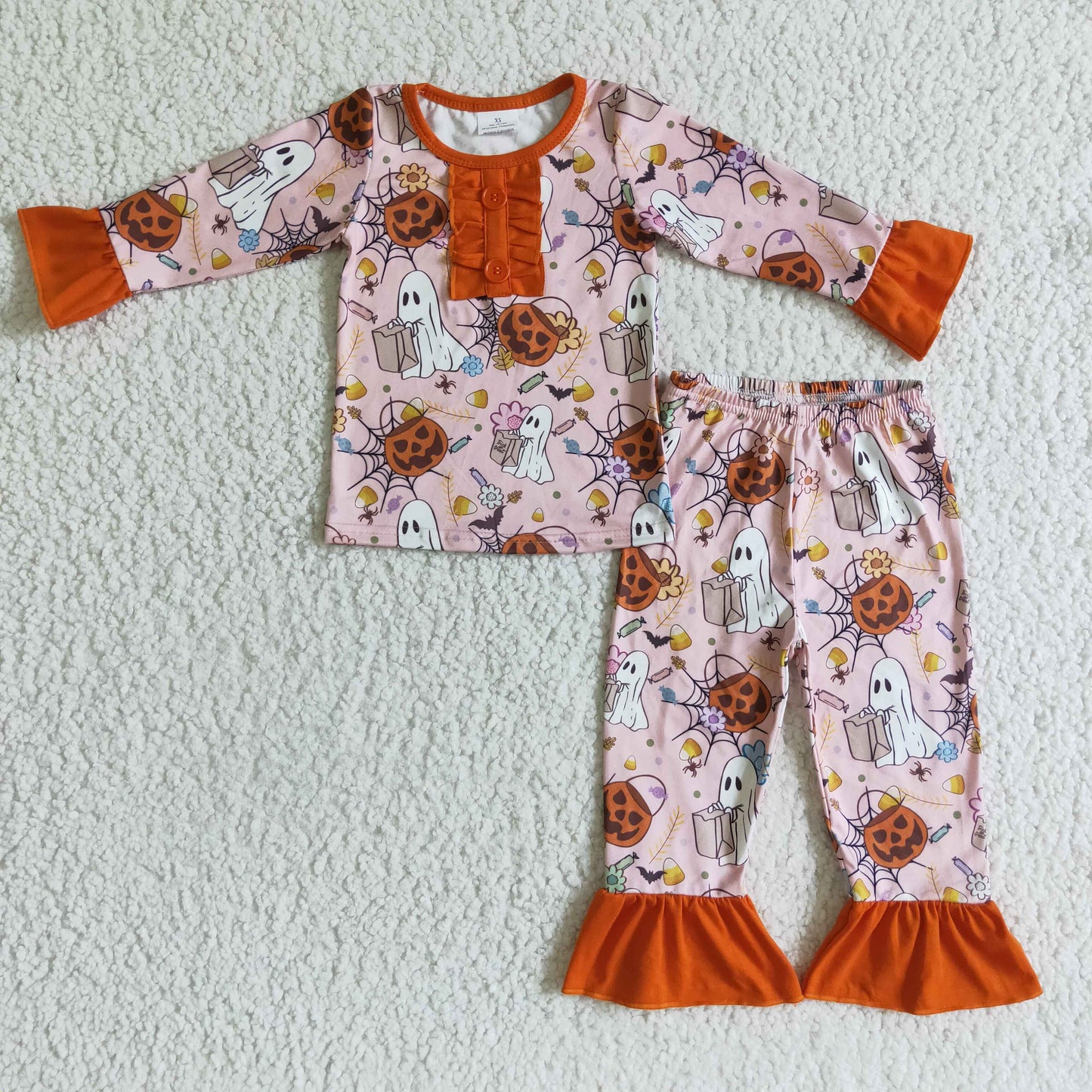 Halloween Kids Girls Long Sleeve Pajama Set With Ruffle