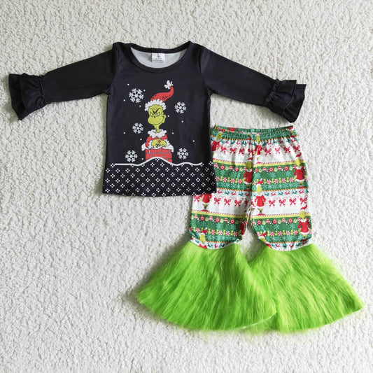 Baby Girls Christmas Character Black Top Green Fur Pants Outfit