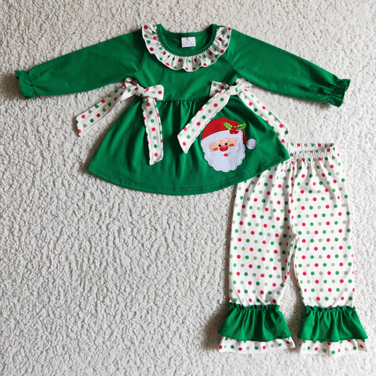 Christmas Baby Girls Santa Green Top Dor Ruffle Pants Outfit