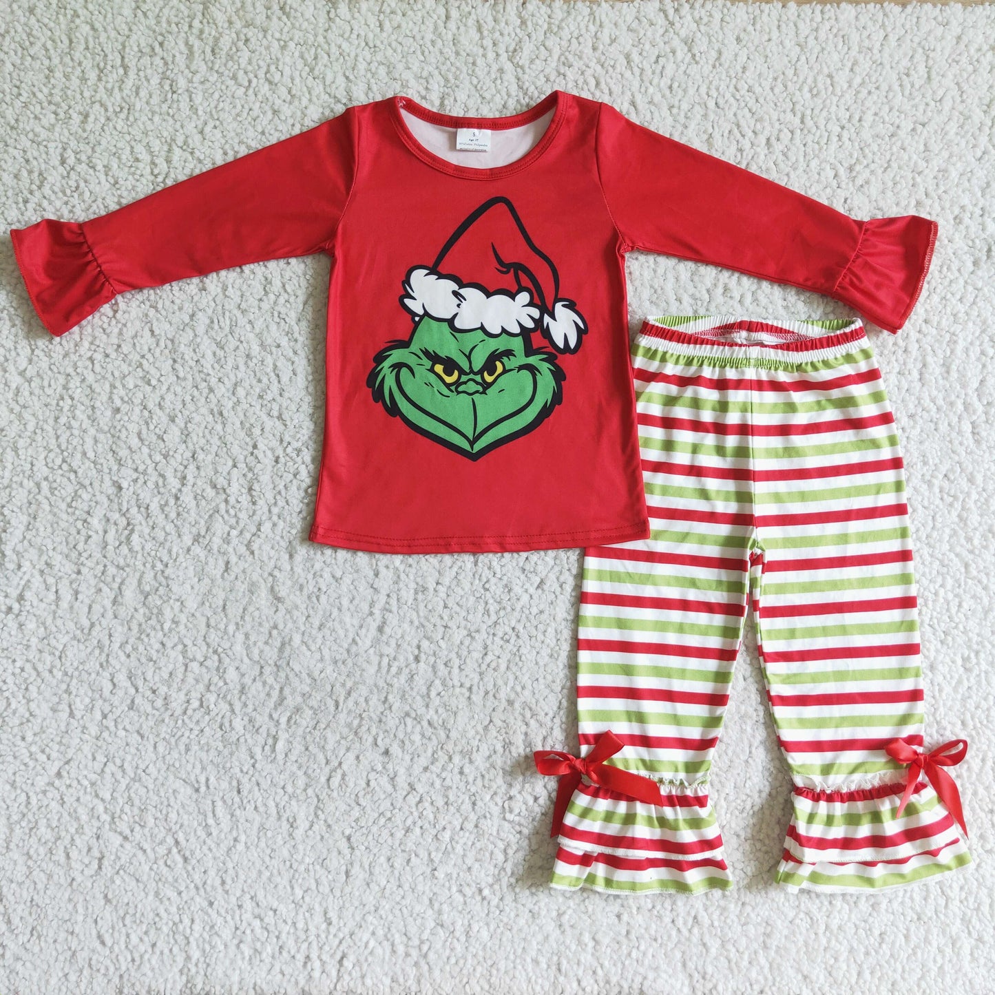 GLP0193 Kids Girls Christmas Green Face Top With Striped pants  Set