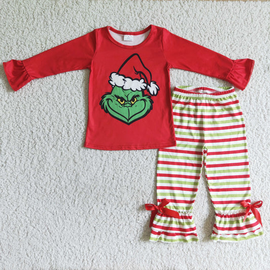 GLP0193 Kids Girls Christmas Green Face Top With Striped pants  Set