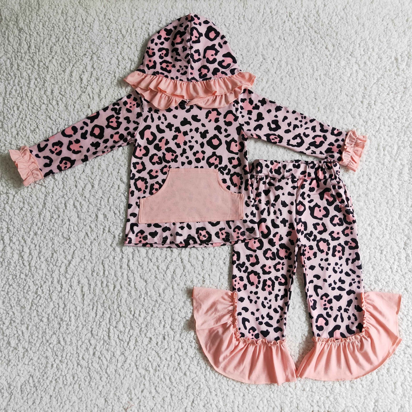 Sibling Baby Girls Leopard Spring Flowers Hooded Top Ruffle Pants Outfit