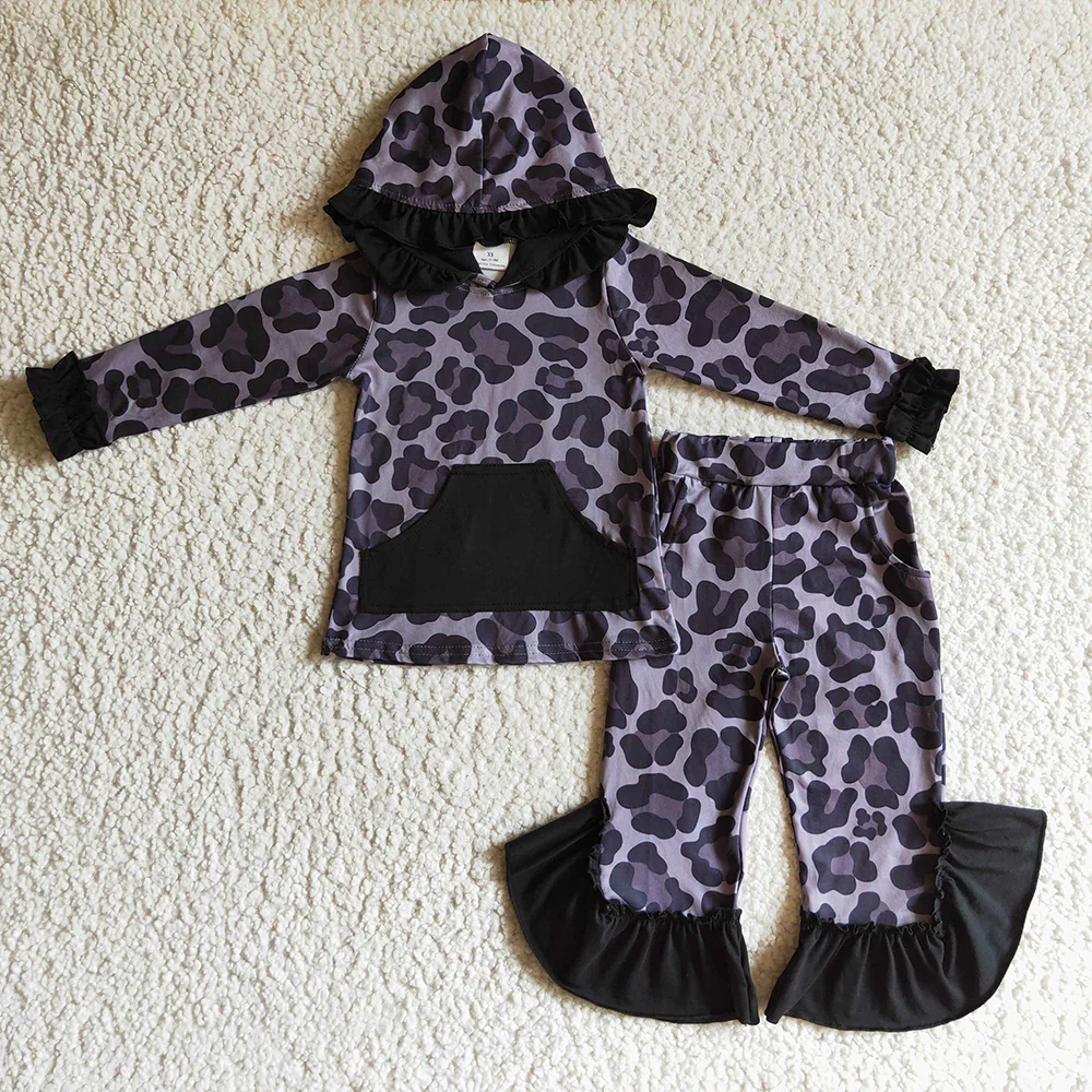 Sibling Baby Girls Leopard Spring Flowers Hooded Top Ruffle Pants Outfit