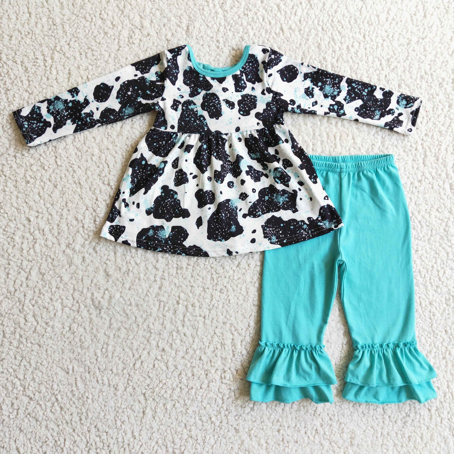 Baby Girls Long Sleeves Cow Print Tunic Aqua Ruffle Pant Fall Set
